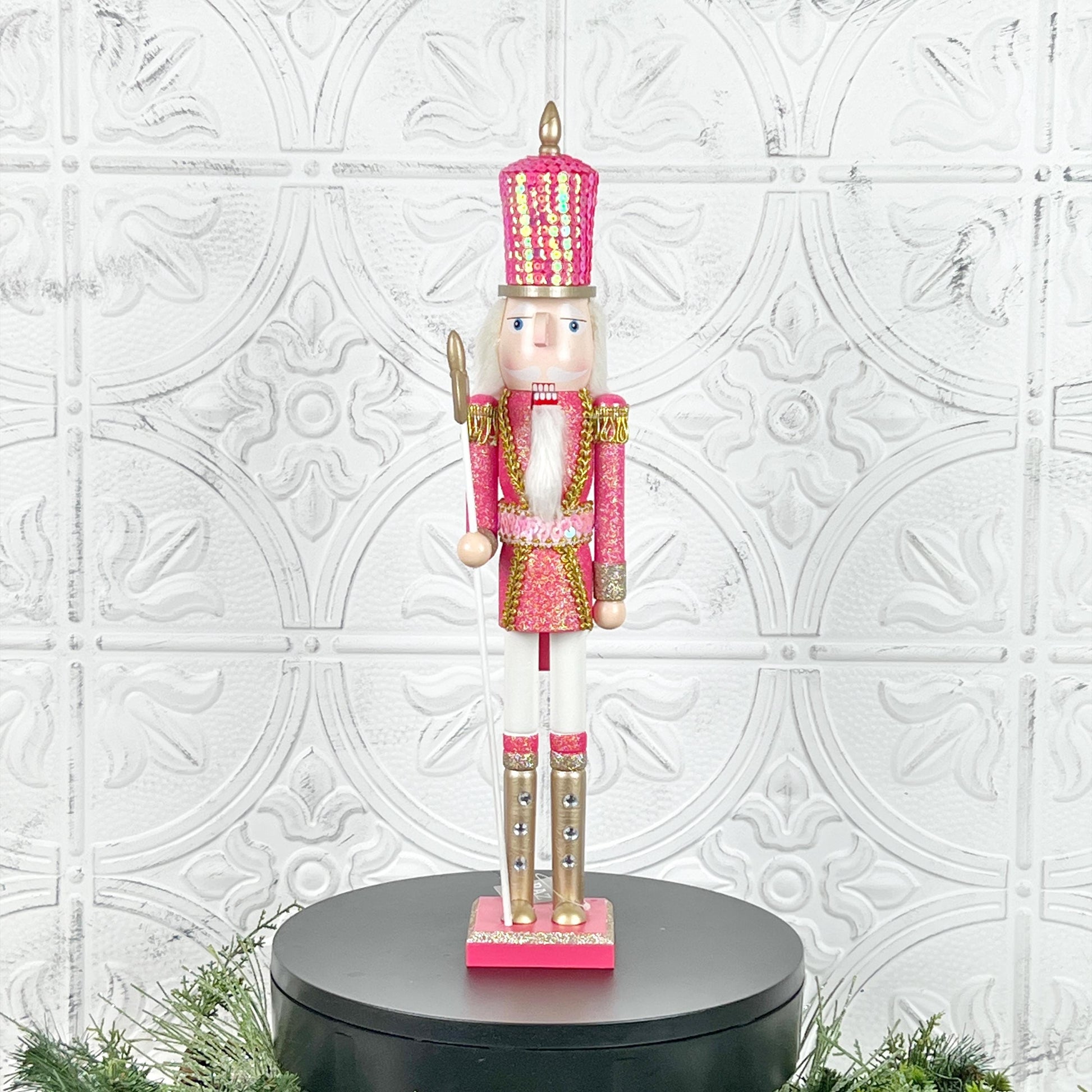 Pink Sequin Nutcracker with Glitter, Rhinestone Boots & Gold Trim – Elegant Christmas Decor in Light or Dark Pink for Holiday Displays
