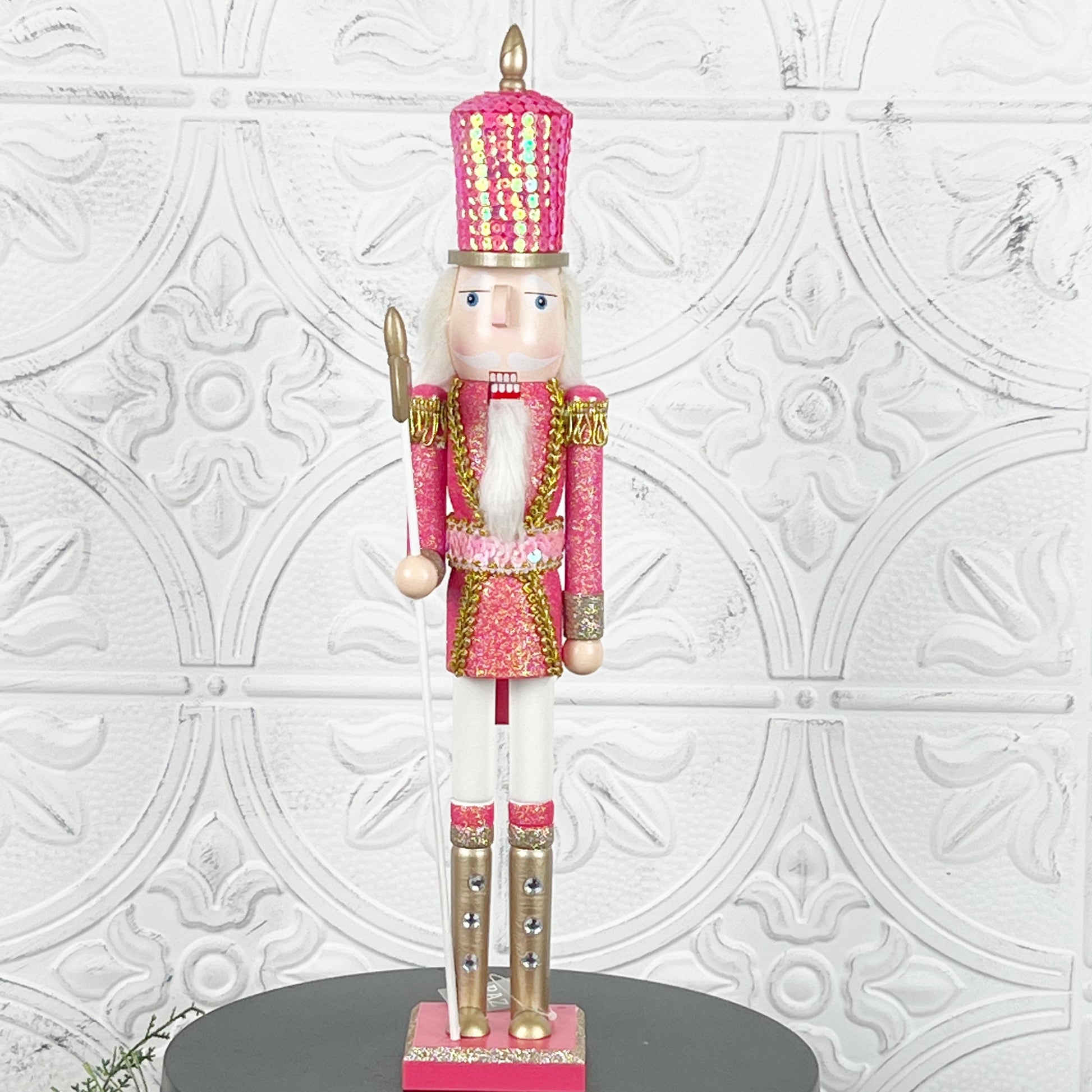 Pink Sequin Nutcracker with Glitter, Rhinestone Boots & Gold Trim – Elegant Christmas Decor in Light or Dark Pink for Holiday Displays