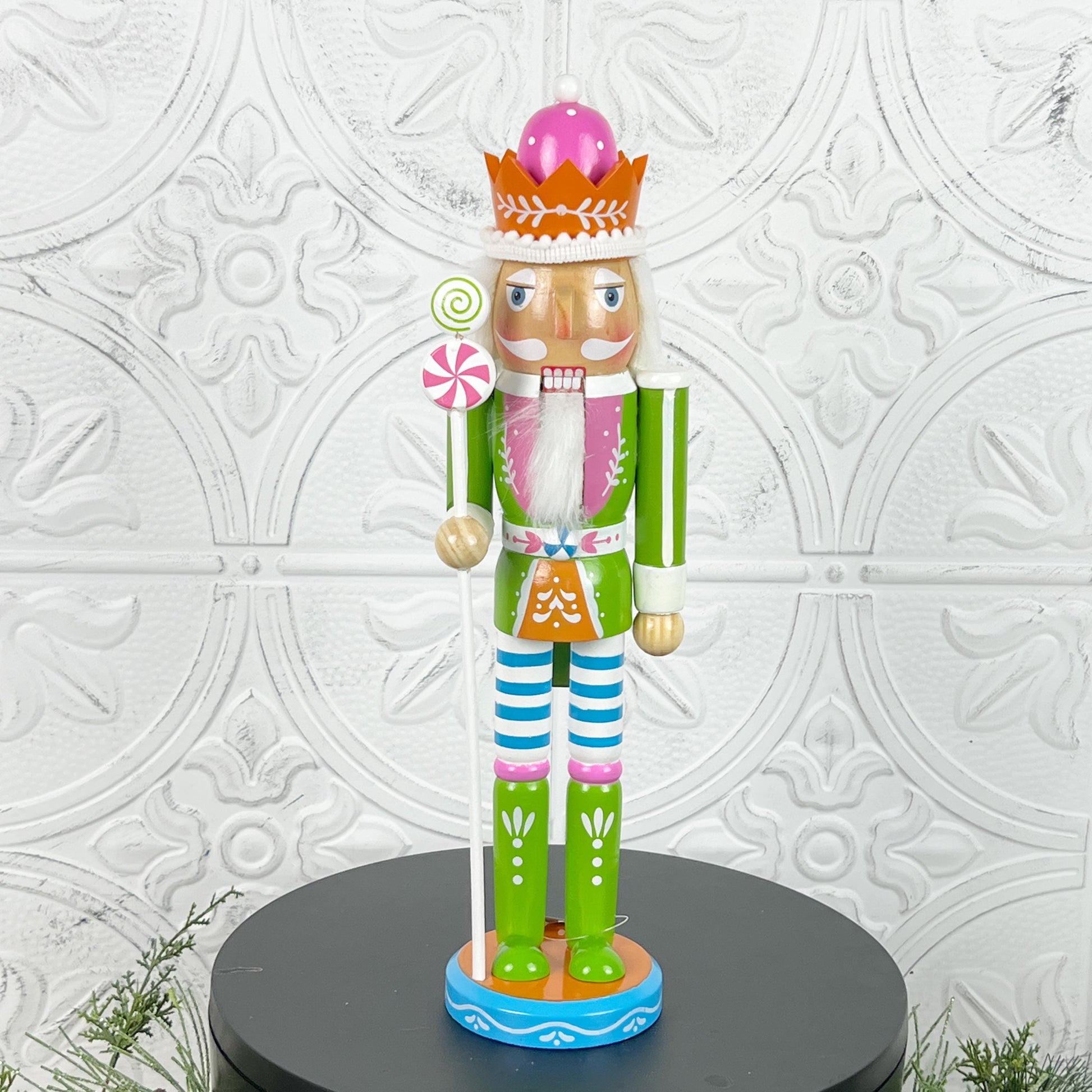Pastel Candy-Themed Nutcracker – Whimsical Holiday Decor in Pink or Green Variation for Christmas Mantels, Shelves, or Tree Displays