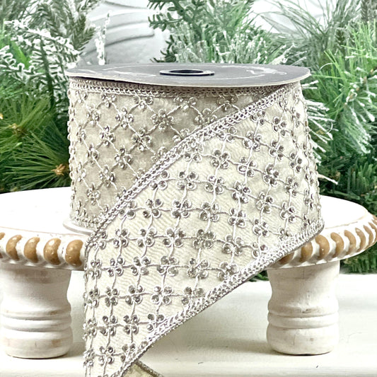 Platinum Jeweled Ribbon, Farrisilk Designer Ribbon, Silver Embellished Holiday Ribbon, Luxury Wedding Ribbon, Elegant Wired Ribbon