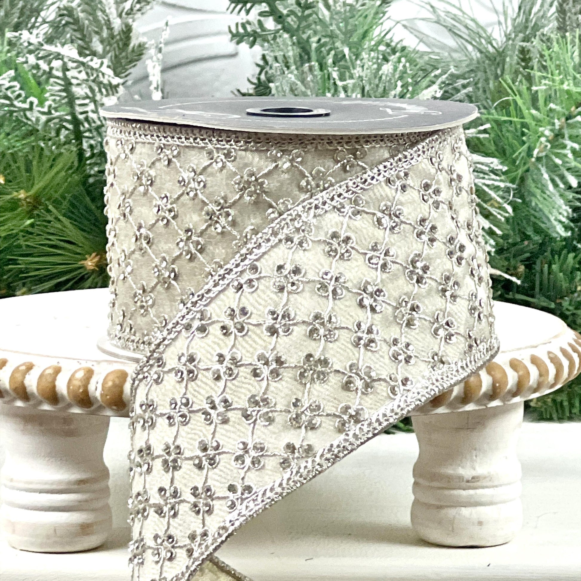 Platinum Jeweled Ribbon, Farrisilk Designer Ribbon, Silver Embellished Holiday Ribbon, Luxury Wedding Ribbon, Elegant Wired Ribbon