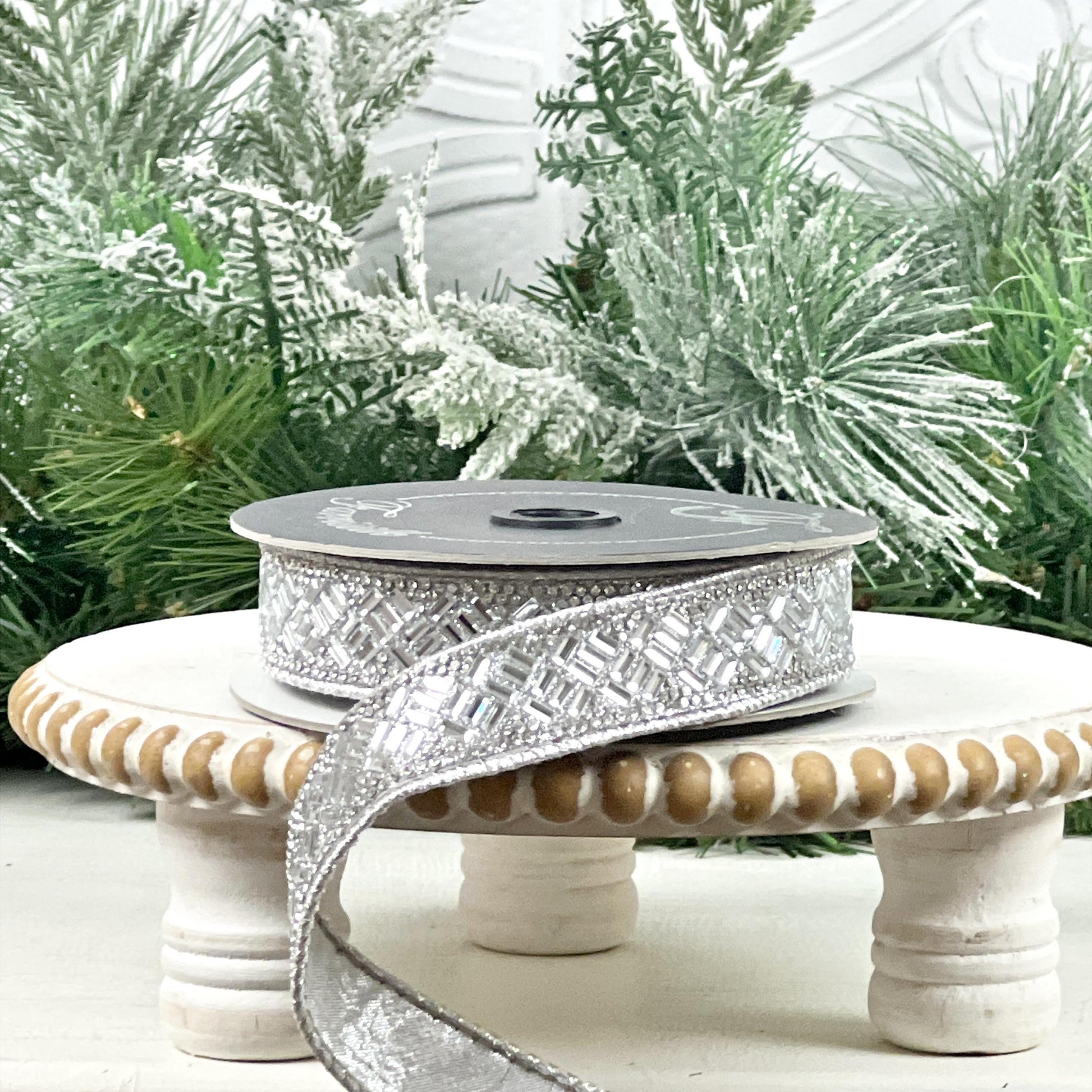 Silver Jeweled Ribbon, Farrisilk Designer Ribbon, Crystal Trim Holiday Ribbon, Luxury Wedding Ribbon, Elegant Wired Ribbon