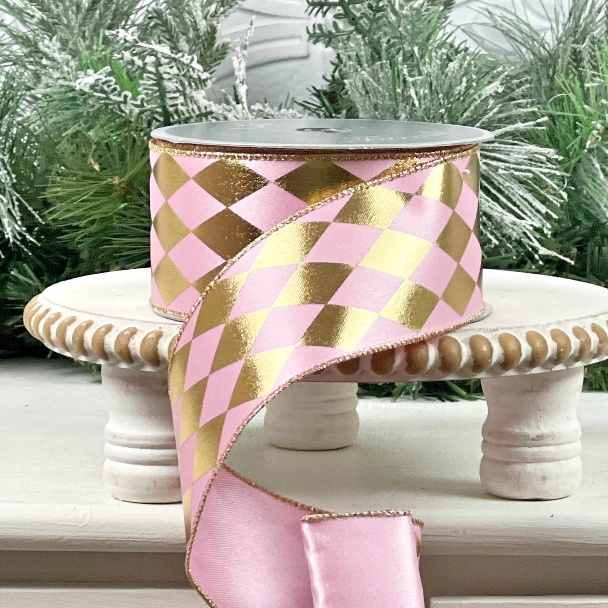Pink and Gold Harlequin Ribbon, Farrisilk Designer Ribbon, Foil Jester Ribbon, Elegant Holiday Ribbon, Luxury Wedding Ribbon