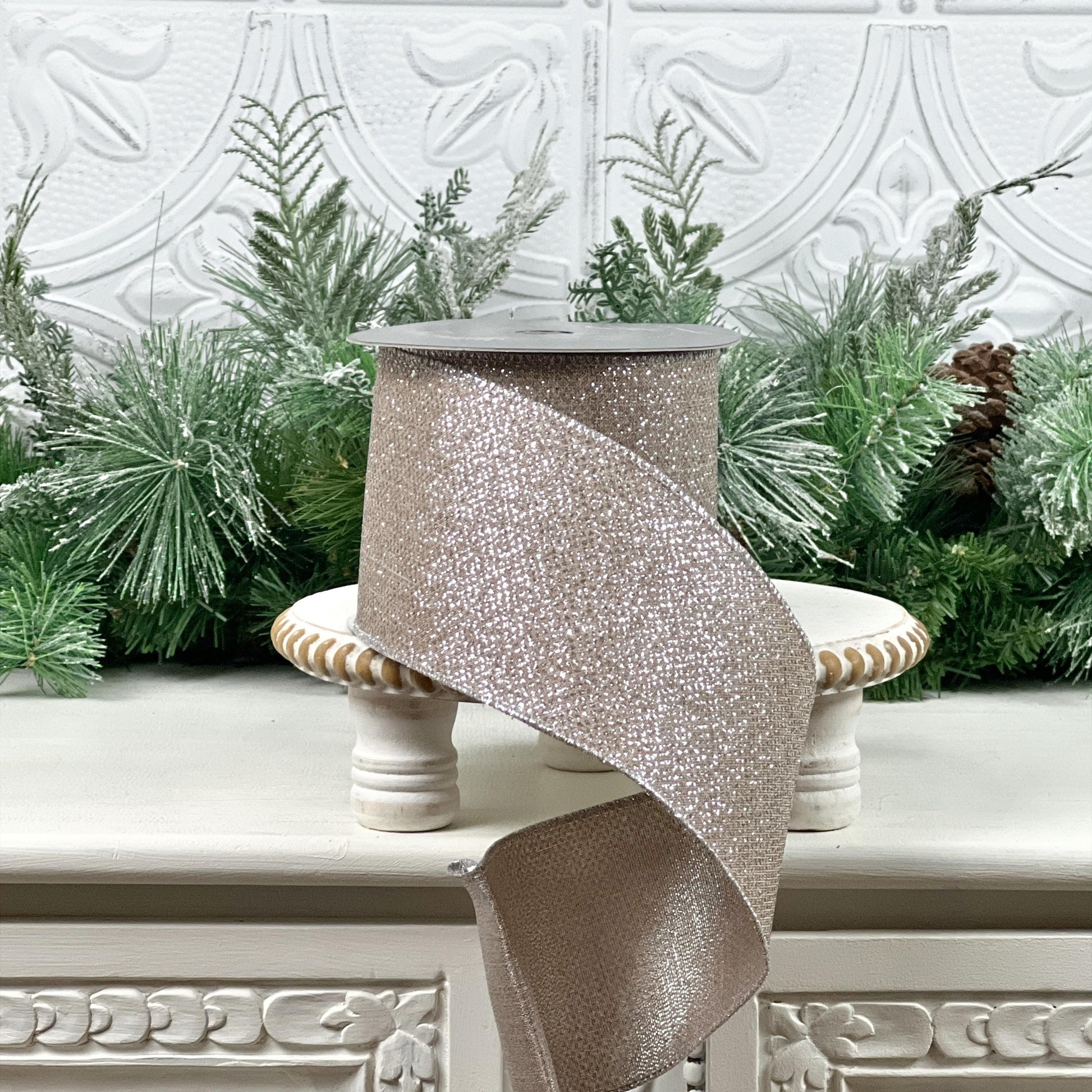 Platinum Glitter Ribbon, Farrisilk Ribbon, Glittered Christmas Ribbon, Elegant Holiday Ribbon, Wedding Bow Ribbon, Wreath Ribbon