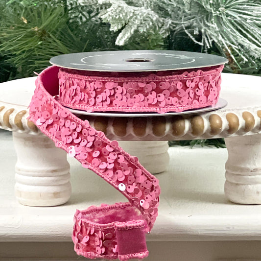 Farrisilk Pink Sequin Ribbon, Jeweled Holiday Ribbon, Pink Wedding Decor, Valentine’s Ribbon, Holiday Wreath Supplies, Pink Jeweled Ribbon