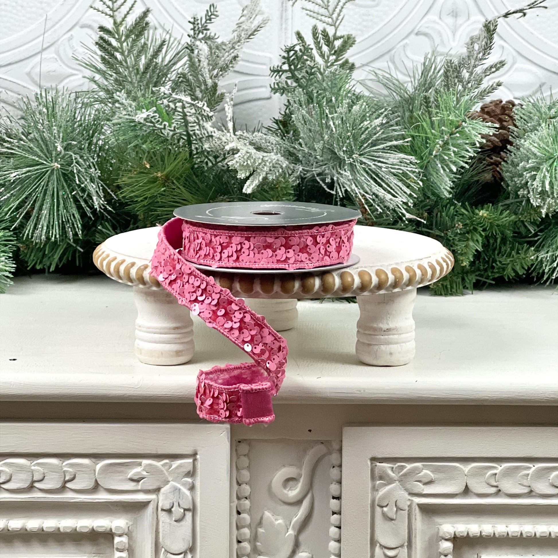 Farrisilk Pink Sequin Ribbon, Jeweled Holiday Ribbon, Pink Wedding Decor, Valentine’s Ribbon, Holiday Wreath Supplies, Pink Jeweled Ribbon