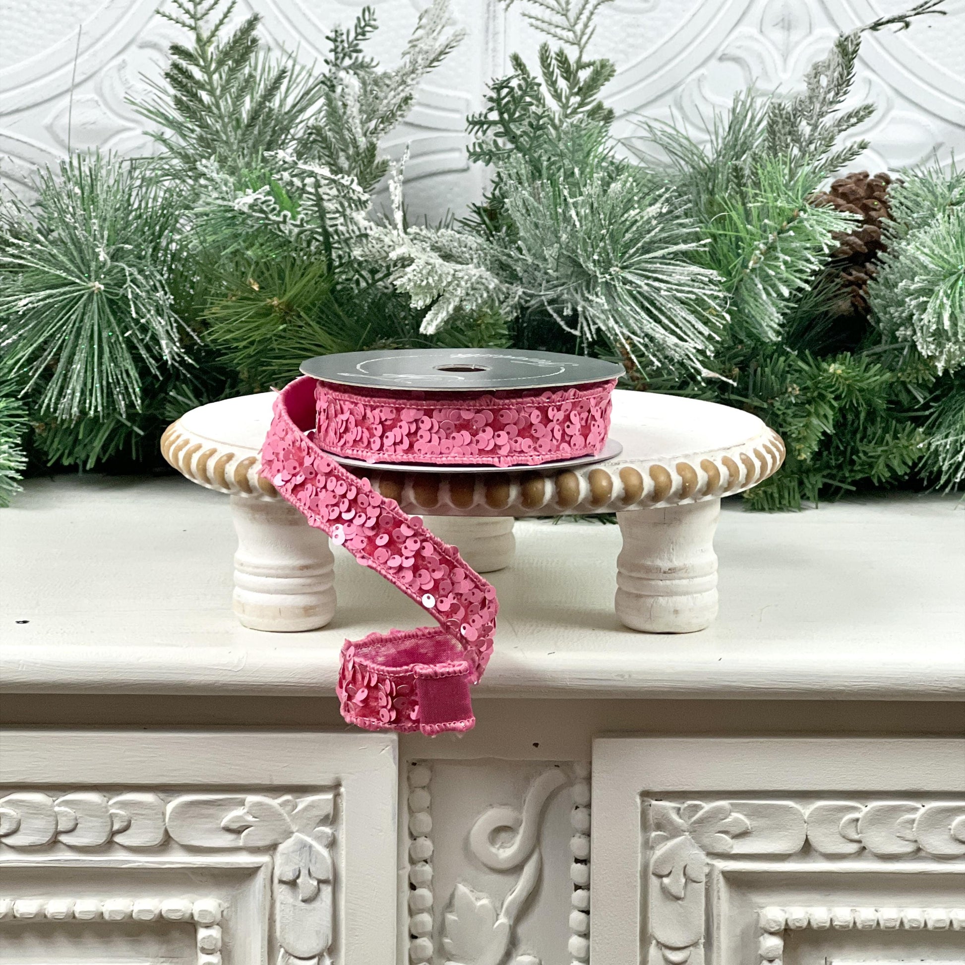 Farrisilk Pink Sequin Ribbon, Jeweled Holiday Ribbon, Pink Wedding Decor, Valentine’s Ribbon, Holiday Wreath Supplies, Pink Jeweled Ribbon