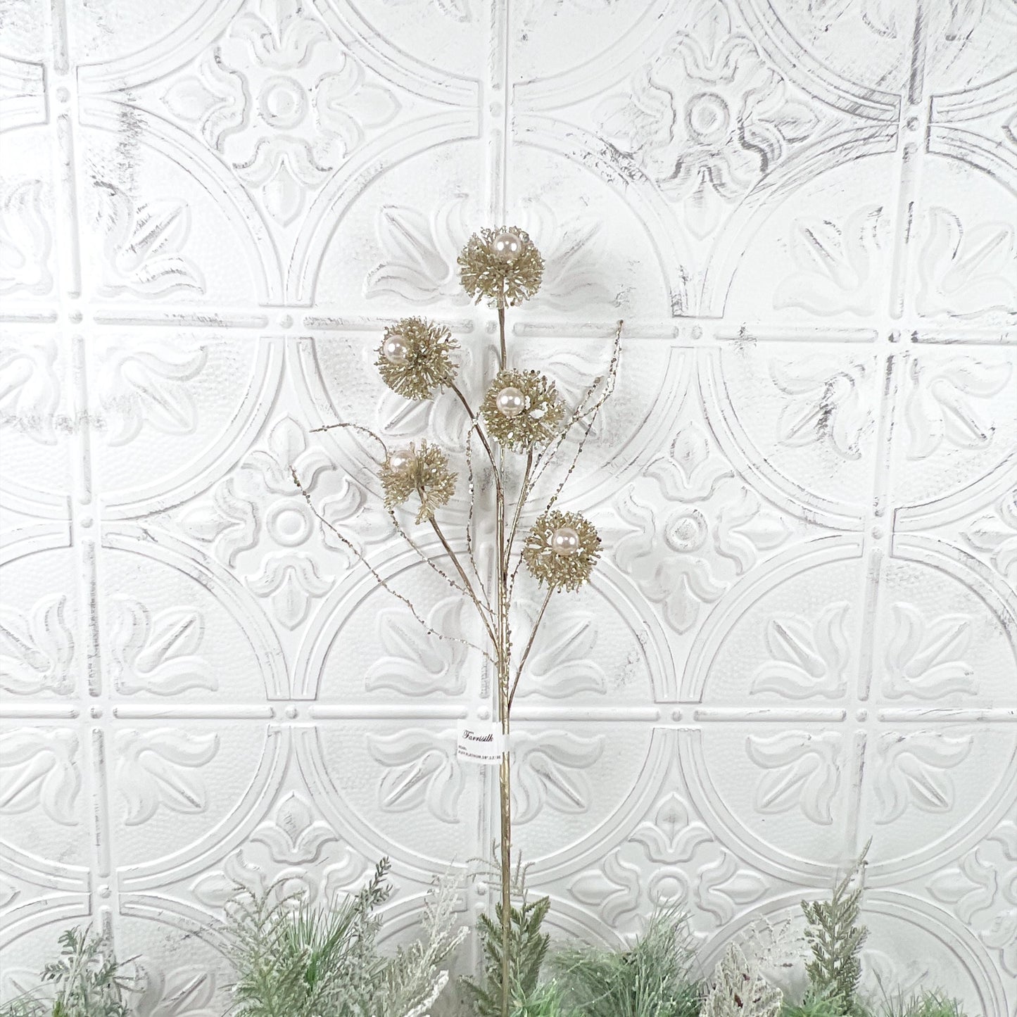 Platinum Pearl Puff Spray, Glittered Floral Stem, Christmas Spray, Jeweled Holiday Pick, Pearl Accent Spray, Holiday Tree Filler