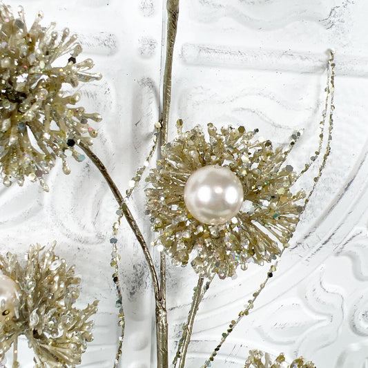 Platinum Pearl Puff Spray, Glittered Floral Stem, Christmas Spray, Jeweled Holiday Pick, Pearl Accent Spray, Holiday Tree Filler