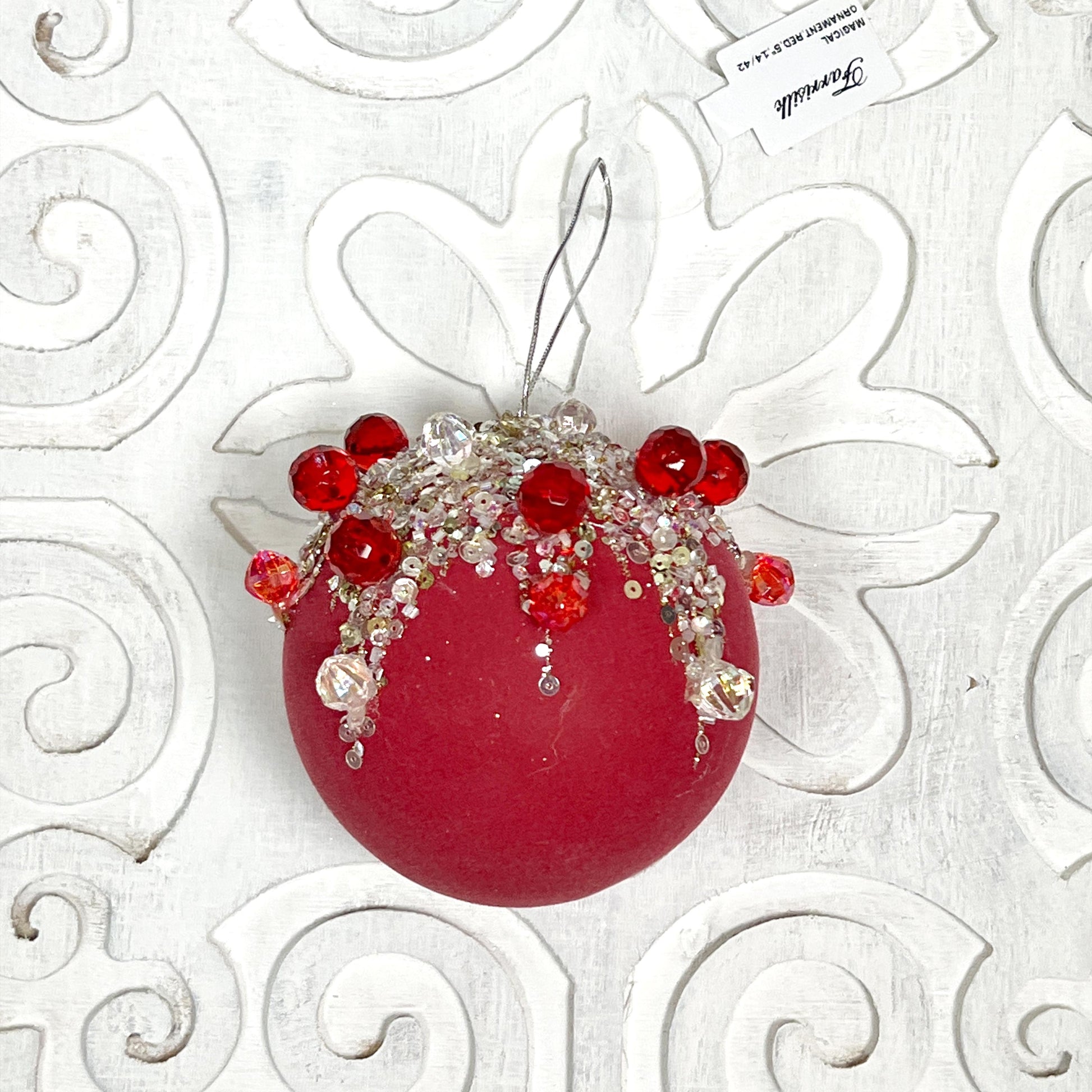 Jeweled Velvet Ornament, Red Christmas Ornament, Crystal Drop Ornament, Holiday Tree Decor, Beaded Velvet Ornament