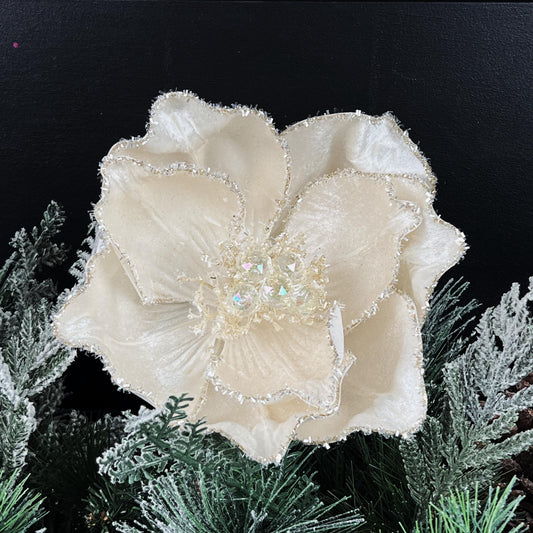 Ivory Magnolia Stem, Jeweled Christmas Flower, Frosted Magnolia Pick, Holiday Floral Accent, Elegant Winter Stem