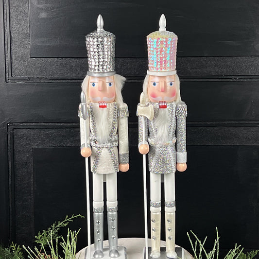 White and Silver Nutcracker, Elegant Winter Holiday Decor for Mantels, Centerpieces, or Christmas , Nutcracker Figure, Sequin Nutcracker