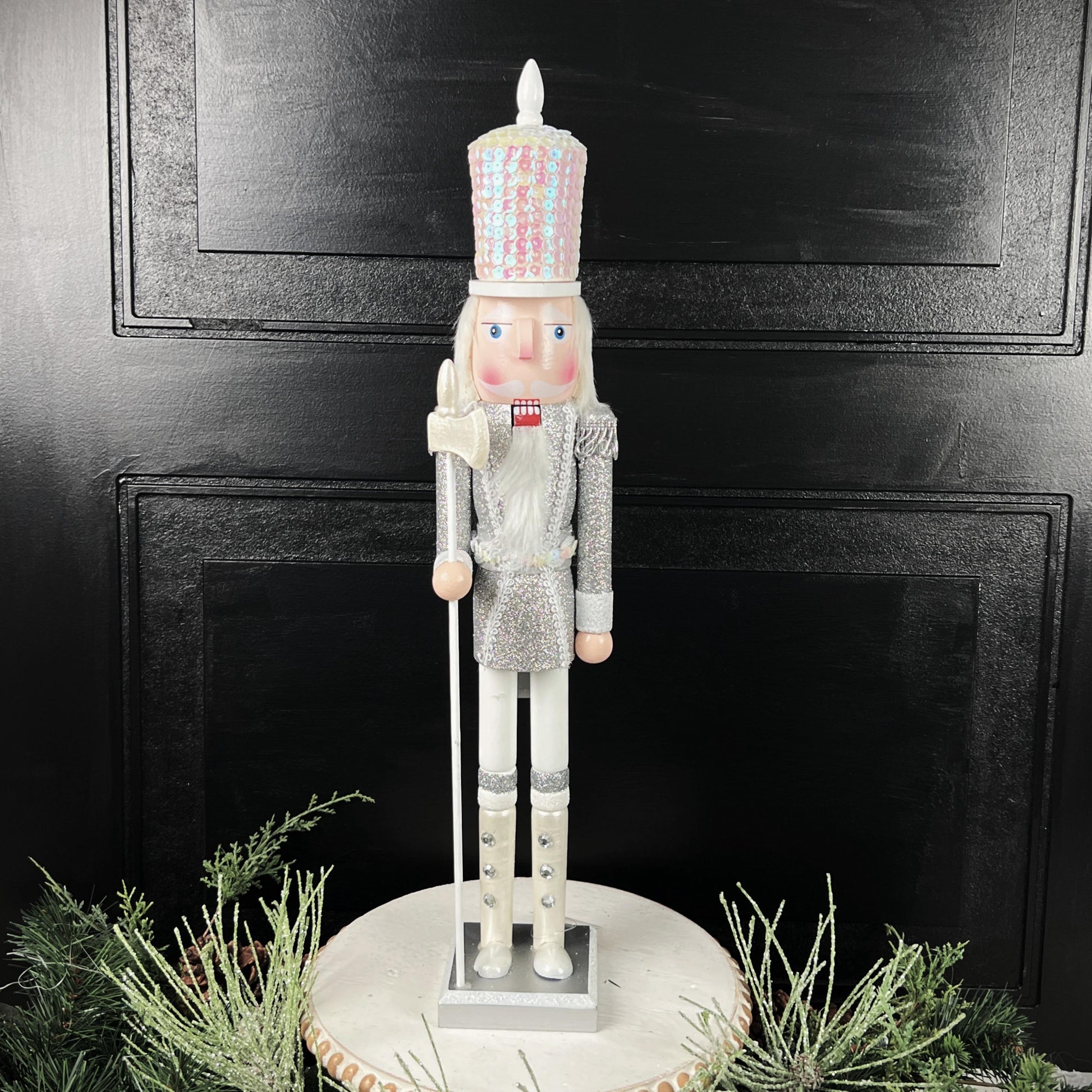 White and Silver Nutcracker, Elegant Winter Holiday Decor for Mantels, Centerpieces, or Christmas , Nutcracker Figure, Sequin Nutcracker