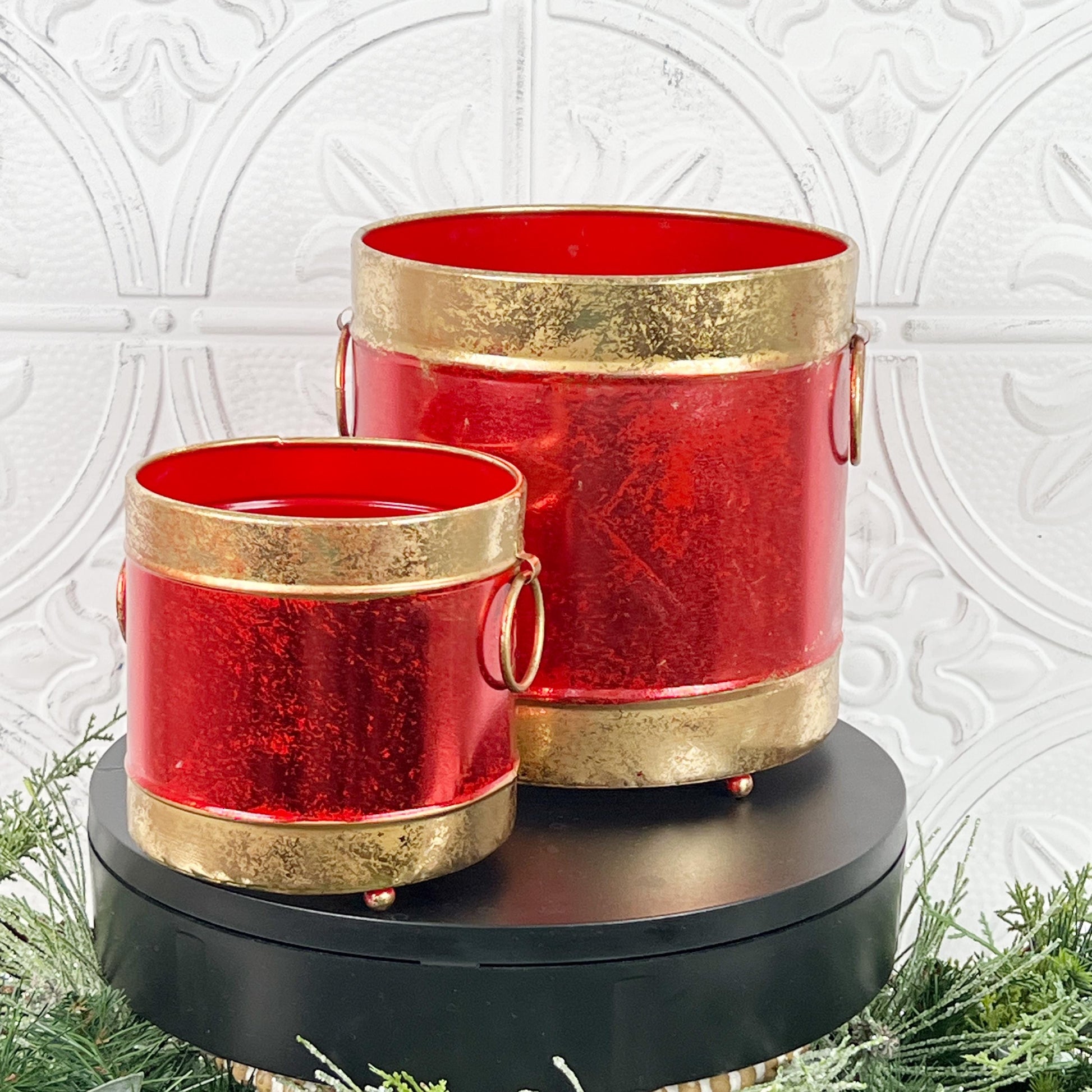 Red and Gold Metal Holiday Containers – Set of 2 Elegant Decorative Buckets for Centerpieces, Mantel Styling, Floral or Gift Displays