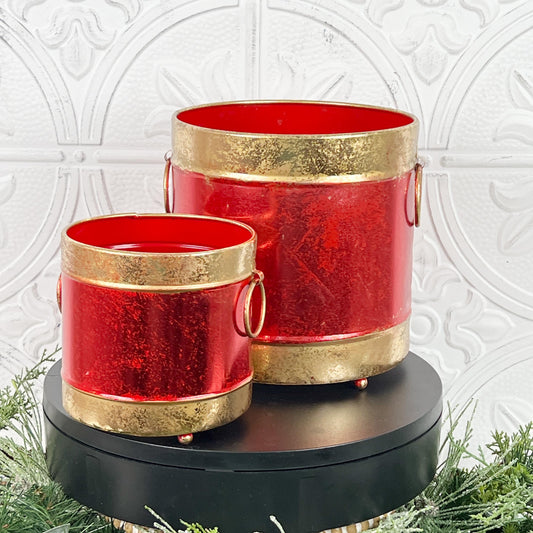 Red and Gold Metal Holiday Containers – Set of 2 Elegant Decorative Buckets for Centerpieces, Mantel Styling, Floral or Gift Displays