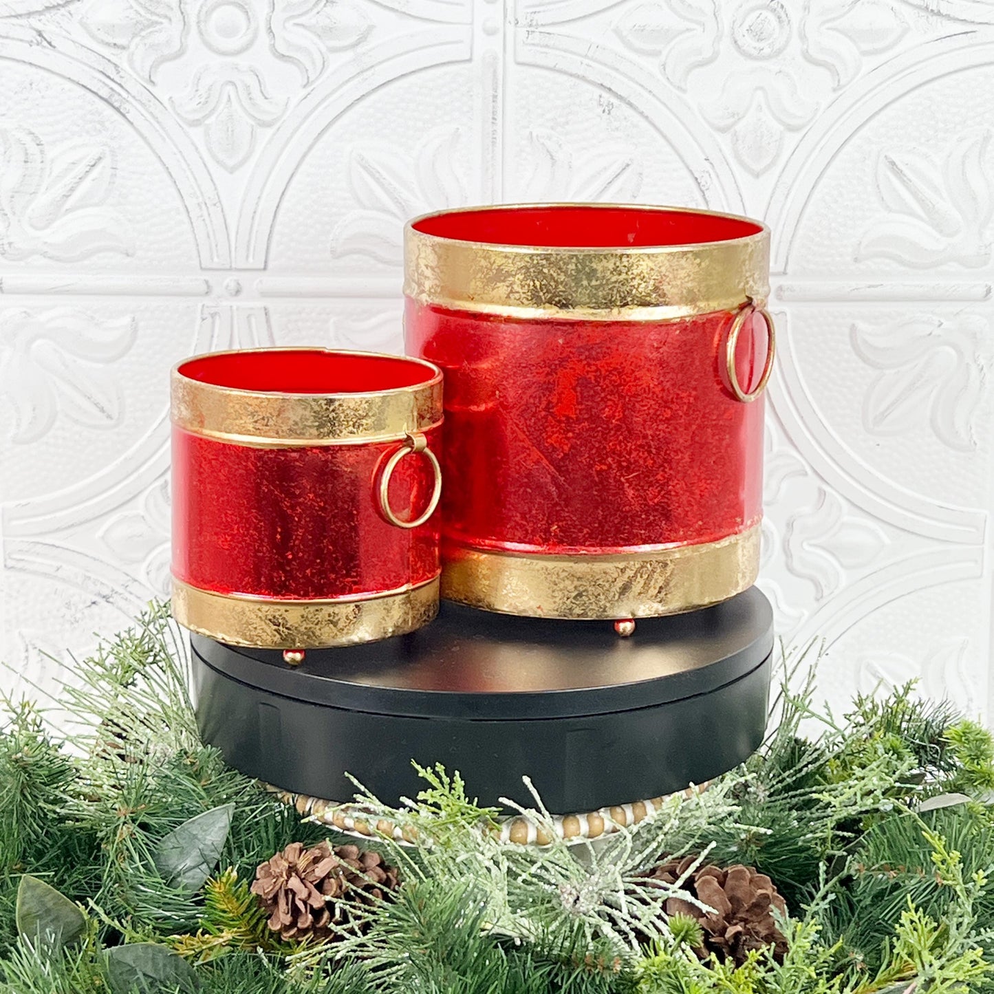 Red and Gold Metal Holiday Containers – Set of 2 Elegant Decorative Buckets for Centerpieces, Mantel Styling, Floral or Gift Displays