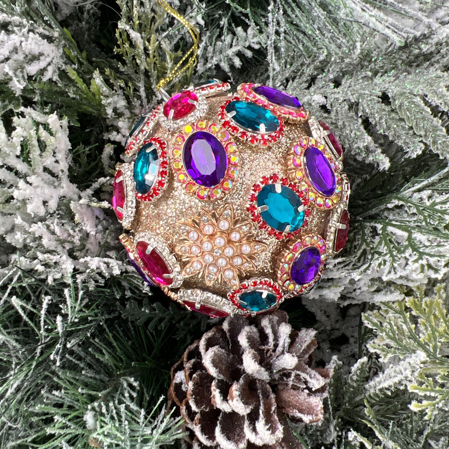 Multicolor Jeweled Brooch Ornament, Christmas Ball with Sparkling Gems for Traditional or Vintage-Inspired Styling, Jewel Ornament