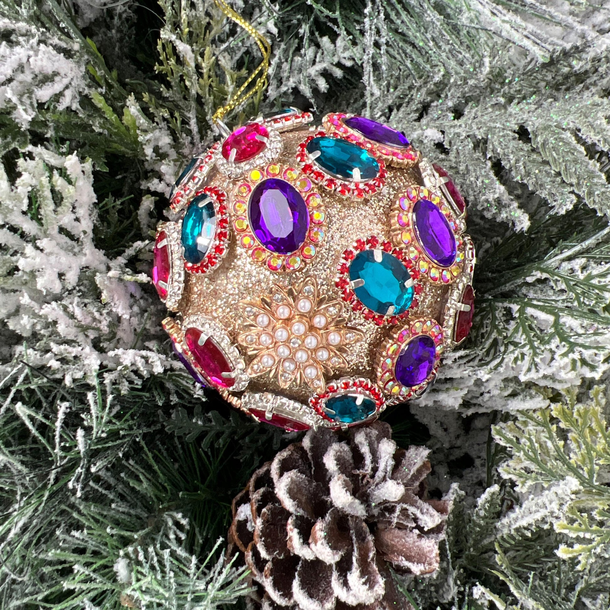 Multicolor Jeweled Brooch Ornament, Christmas Ball with Sparkling Gems for Traditional or Vintage-Inspired Styling, Jewel Ornament