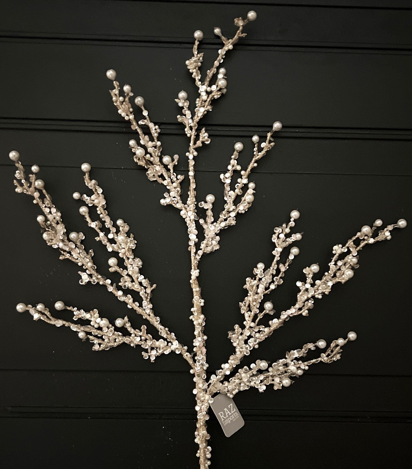 Champagne Pearl Glitter Spray – 33" Jeweled Christmas Tree Floral Spray, Holiday Wreath Pick, Pearl Wedding Floral Stem for DIY Designers
