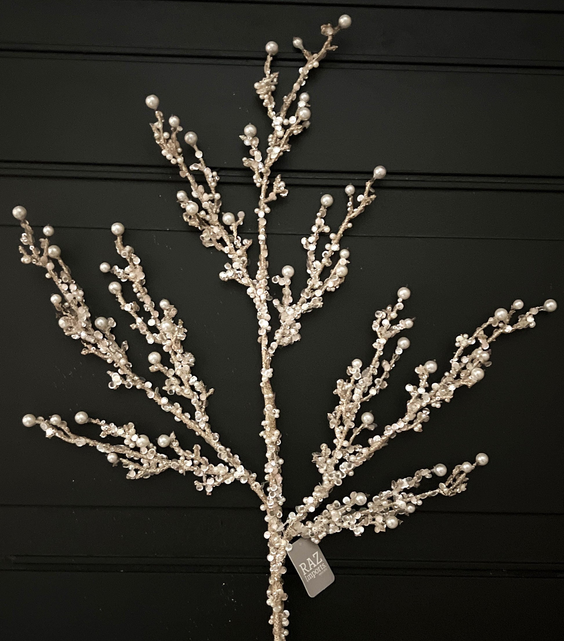 Champagne Pearl Glitter Spray – 33" Jeweled Christmas Tree Floral Spray, Holiday Wreath Pick, Pearl Wedding Floral Stem for DIY Designers