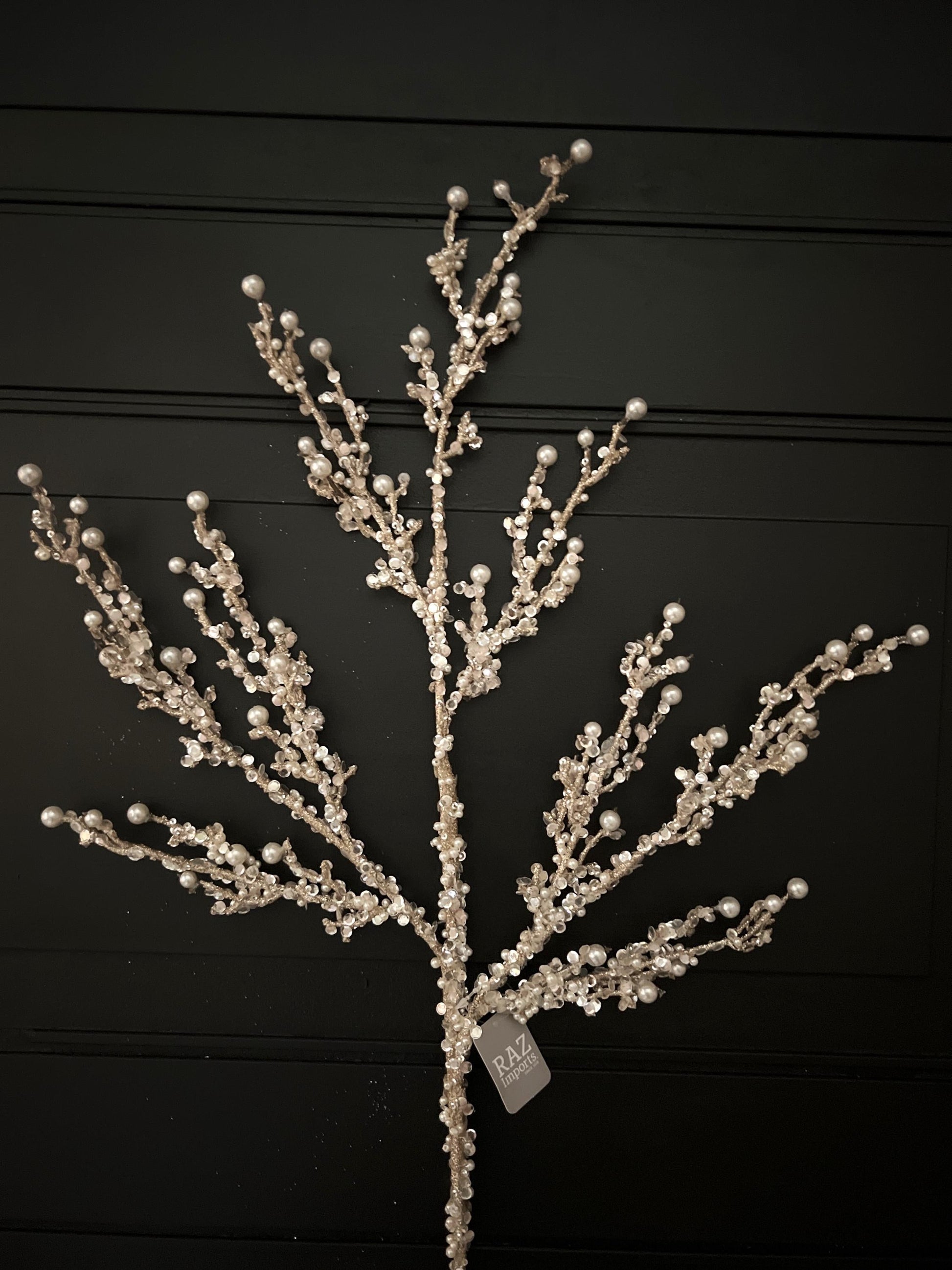Champagne Pearl Glitter Spray – 33" Jeweled Christmas Tree Floral Spray, Holiday Wreath Pick, Pearl Wedding Floral Stem for DIY Designers