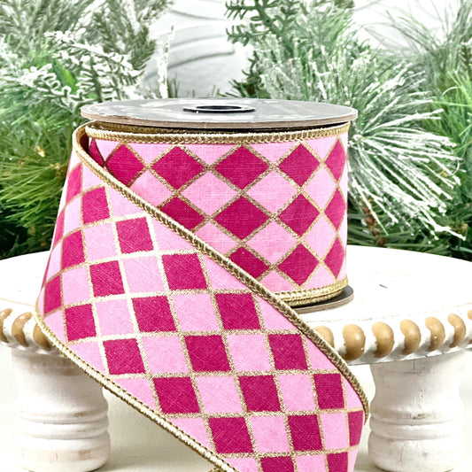 Fuchsia and Pink Harlequin Ribbon, Hot Pink Jester Ribbon, Gold Backed Harlequin Ribbon, 2.5" Wired Harlequin Ribbon, Designer Ribbon