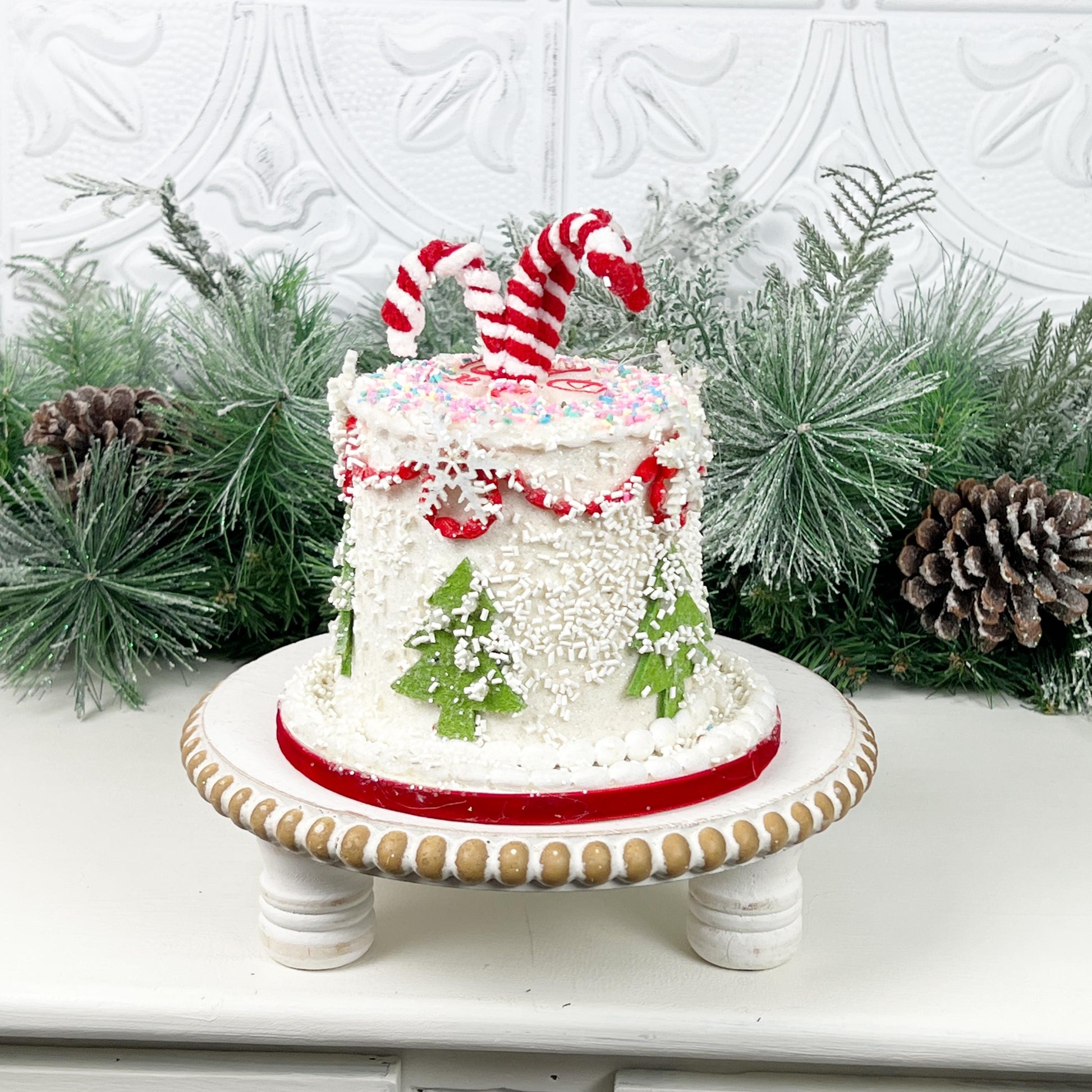 Holiday Cake Ornament, Candy Christmas Decor, Faux Christmas Cake, Peppermint Cake Decor, Christmas Tiered Tray Decor