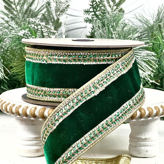 D Stevens Jewel Trimmed Emerald Green Velvet Ribbon, Jeweled Velvet Rhinestone Trim for Elegant Decor