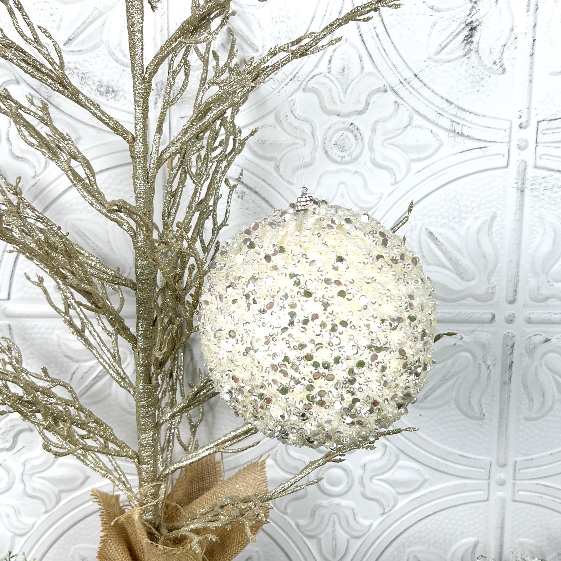 Pearl and Sequin Ornament, White Christmas Ball, Shatterproof Tree Ornament, Elegant Wedding Decor, Designer Holiday Decor, Jeweled Ornament