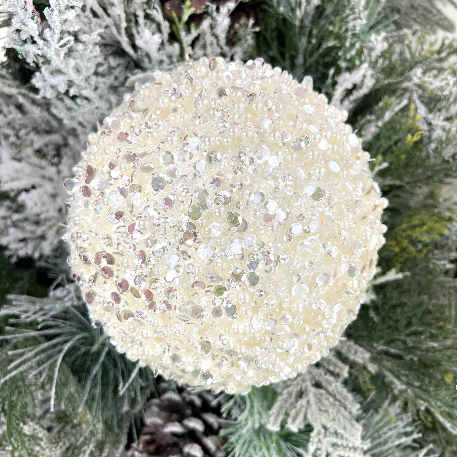 Pearl and Sequin Ornament, White Christmas Ball, Shatterproof Tree Ornament, Elegant Wedding Decor, Designer Holiday Decor, Jeweled Ornament