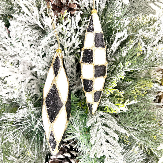 Harlequin Ornament Set, Check Drop Christmas Decor, Black and White Finial Ornament, Glittered Bauble Set, Shatterproof Holiday Ornament