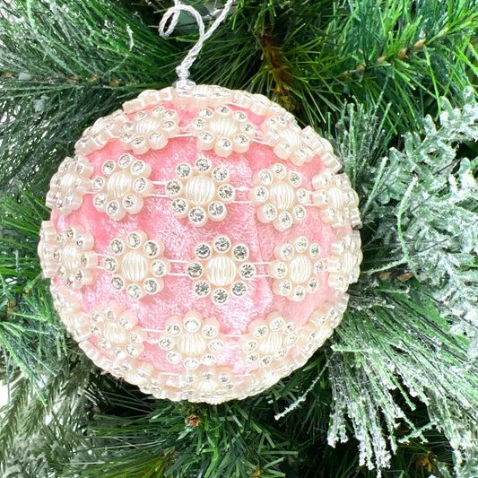 Velvet Jewel Flower Ornament, Pink Vintage Style Bauble, Beaded Holiday Ornament, Shatterproof Christmas Decor, Wedding Tree Accent