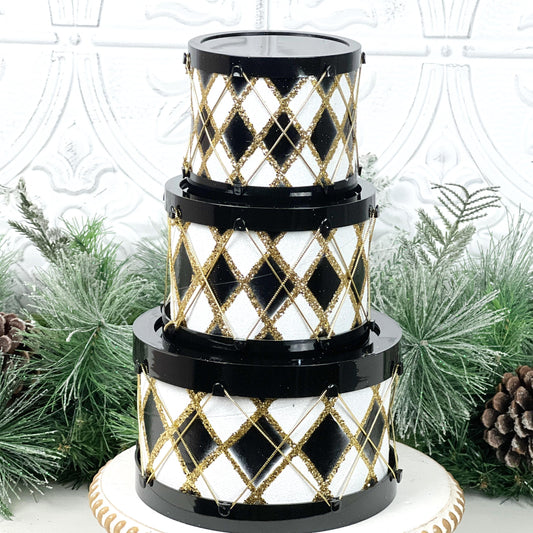 Black and White Drum Set, Glitter Holiday Drums, Stacking Christmas Decor, Harlequin Display Boxes, Elegant Drum Ornaments