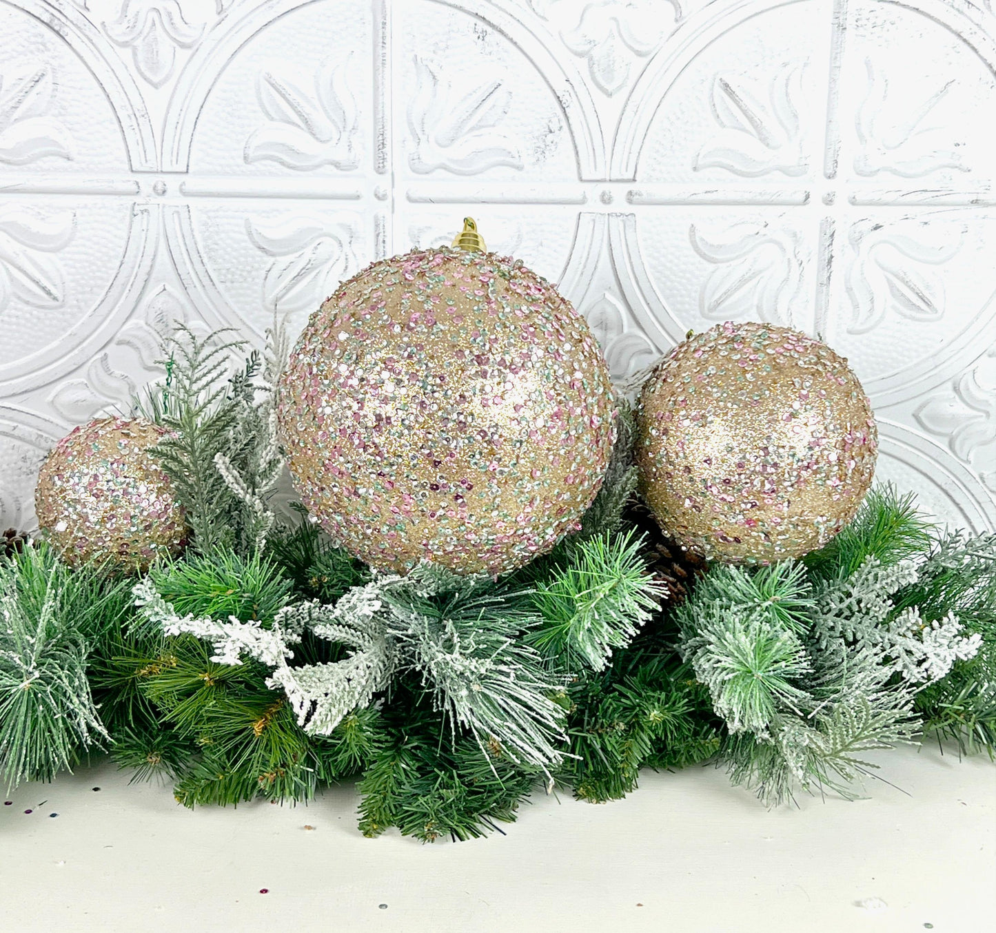 Starlight Sequin Ornament, Platinum Pink Christmas Ornament, Mint Sequin Tree Ornament, Farrisilk Holiday Bauble, Elegant Christmas Decor