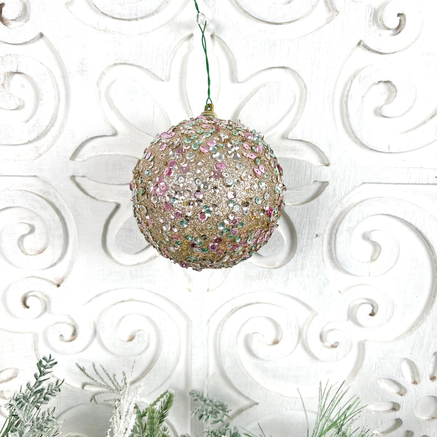 Starlight Sequin Ornament, Platinum Pink Christmas Ornament, Mint Sequin Tree Ornament, Farrisilk Holiday Bauble, Elegant Christmas Decor