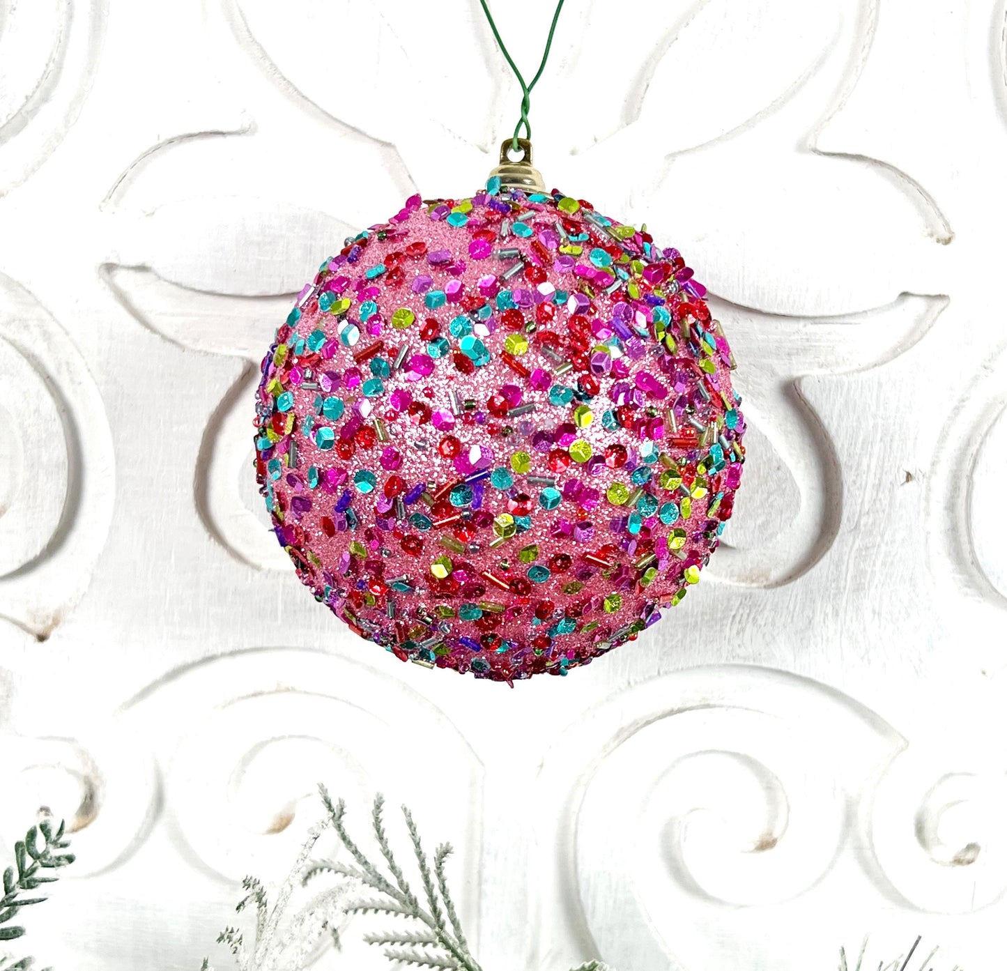 Pink Sequin Ornament, Farrisilk Christmas Bauble, Multicolor Beaded Ornament, Designer Holiday Decor, Glam Tree Ornament, Wreath Accent