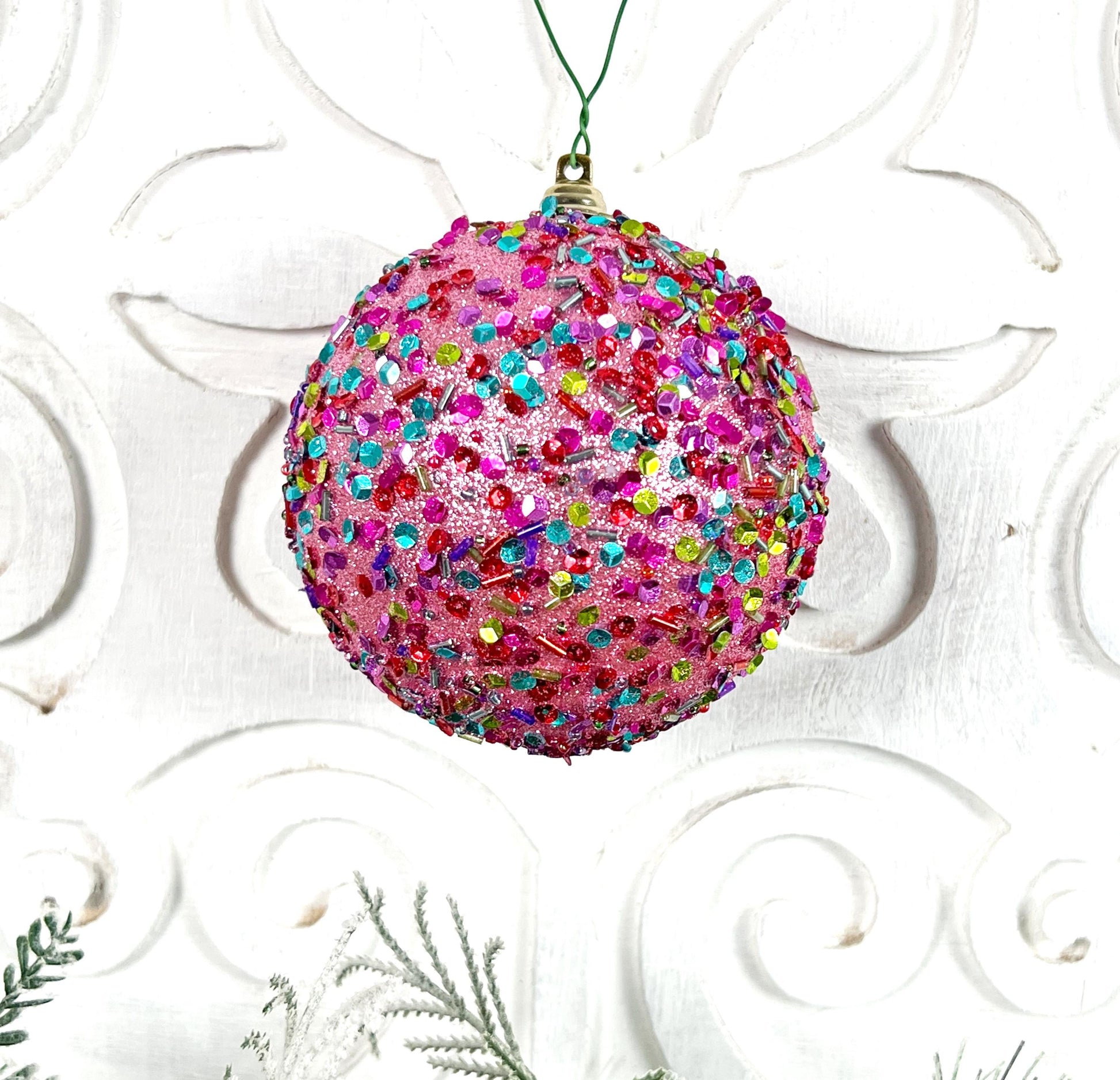 Pink Sequin Ornament, Farrisilk Christmas Bauble, Multicolor Beaded Ornament, Designer Holiday Decor, Glam Tree Ornament, Wreath Accent