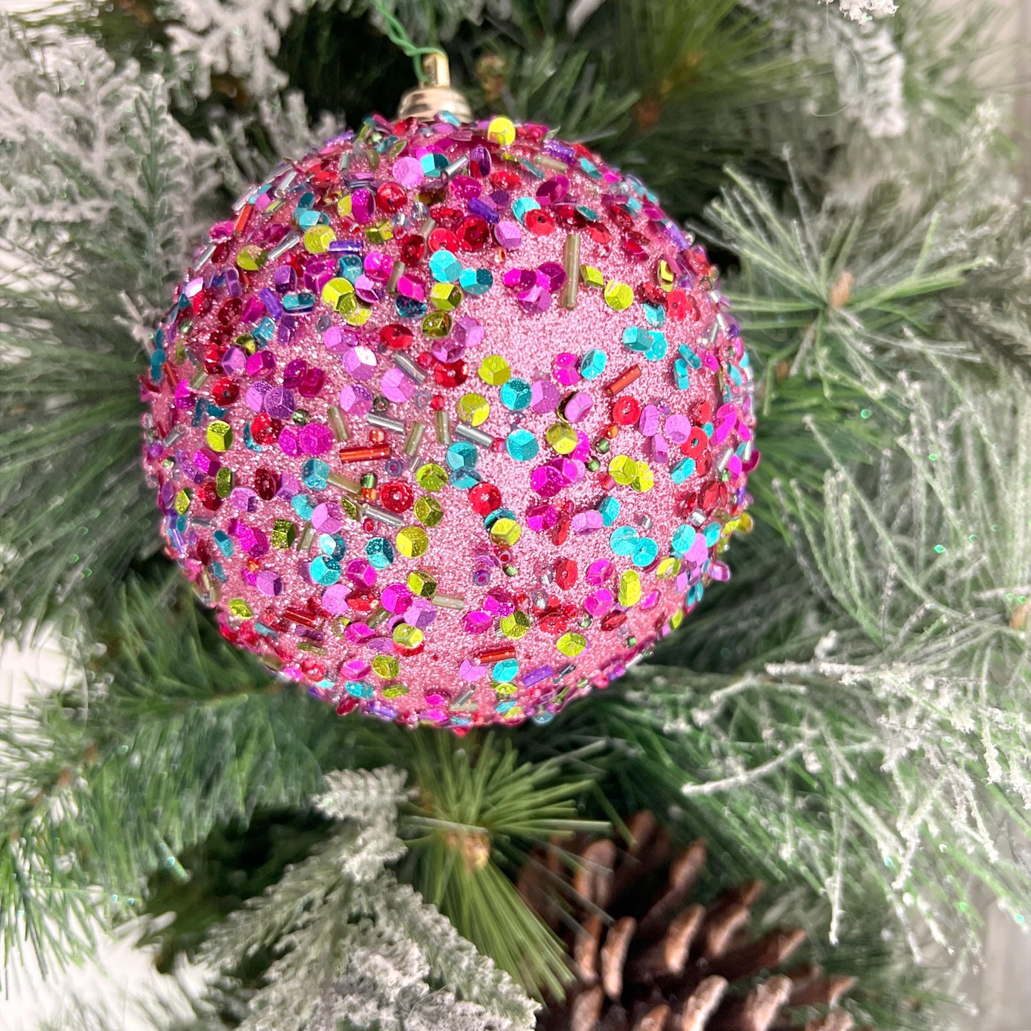 Pink Sequin Ornament, Farrisilk Christmas Bauble, Multicolor Beaded Ornament, Designer Holiday Decor, Glam Tree Ornament, Wreath Accent