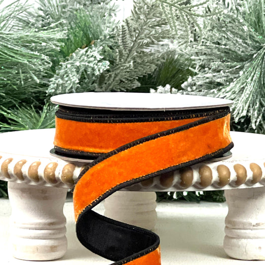 Orange and Black Velvet Ribbon, Fall Velvet Ribbon, Halloween Designer Ribbon, Black Edge Velvet Trim, Wired Velvet Ribbon