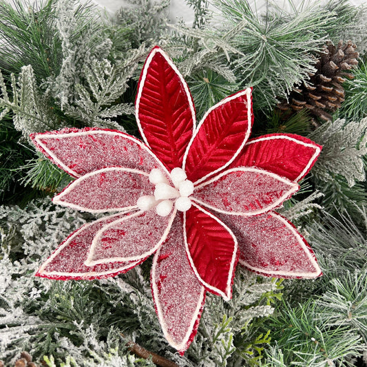 Frosted Poinsettia Stem, Red Poinsettia Stem, Christmas Floral, Holiday Wreath Attachment, Winter Wedding Decor, Red & White Poinsettia Stem