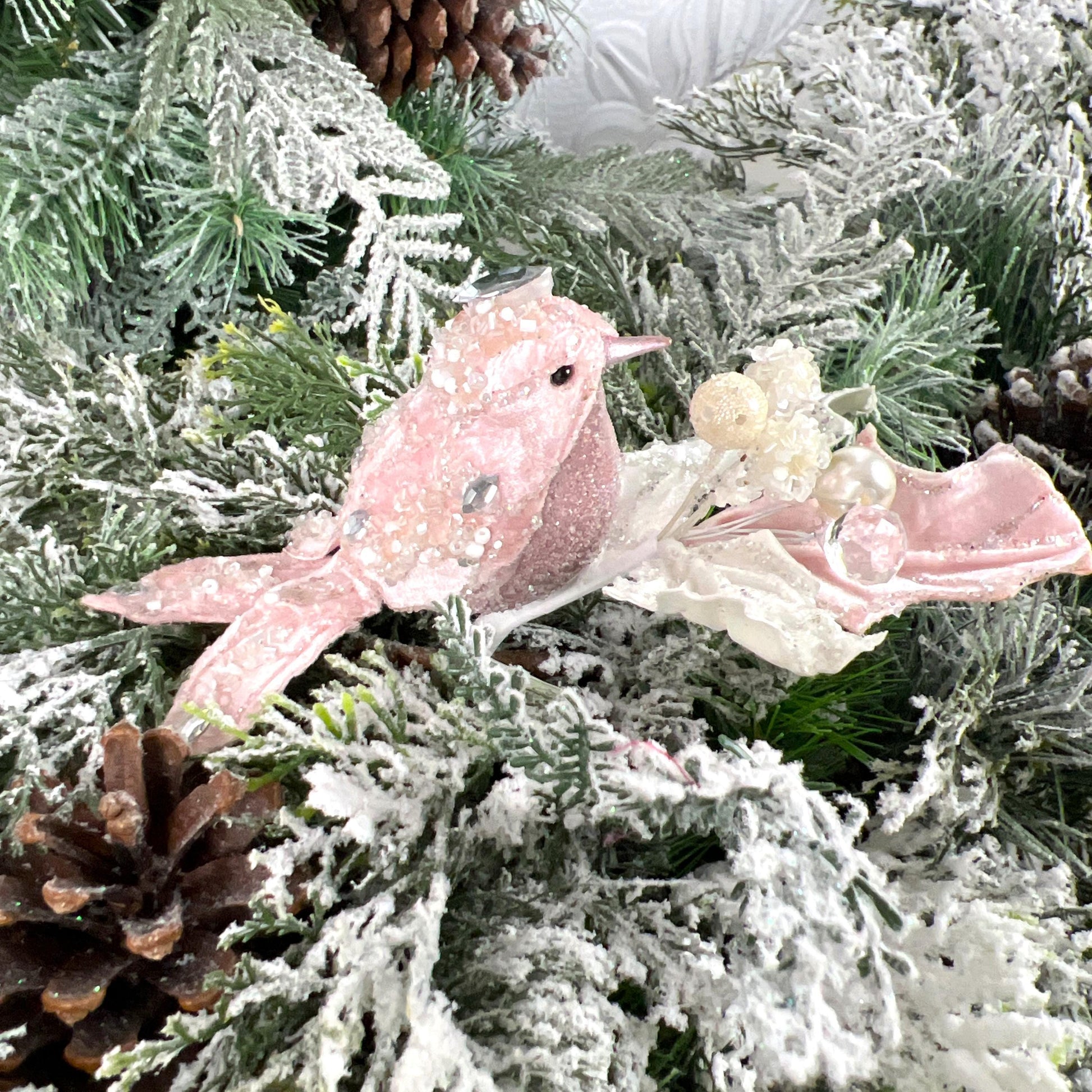 Jeweled Bird Clip Ornament, Pink and Cream Holly Ornament, Holiday Bird Decoration, Wedding Clip Ornament, Luxury Tree Accent
