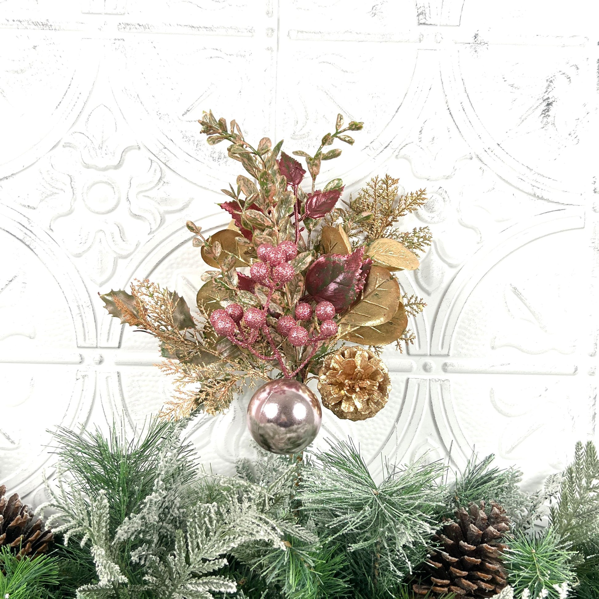 18" Pink and Gold Glitter Leaf Berry and Cone Spray, Gold Glitter Leaf Spray with Pink Berries and Ornaments, Pine Cone and Berry Stem