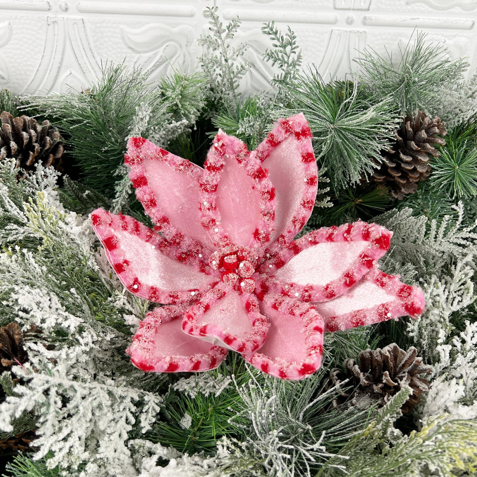 Pink and Red Glitter Poinsettia Stem, 22" Pink Poinsettia Stem, Christmas Decor, Wreath Decor, Tree Decoration, Holiday Floral,
