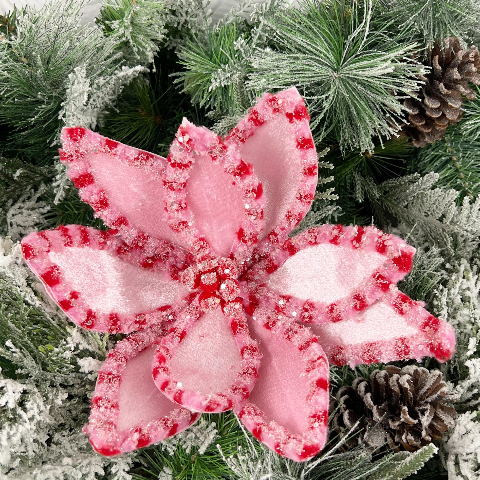 Pink and Red Glitter Poinsettia Stem, 22" Pink Poinsettia Stem, Christmas Decor, Wreath Decor, Tree Decoration, Holiday Floral,