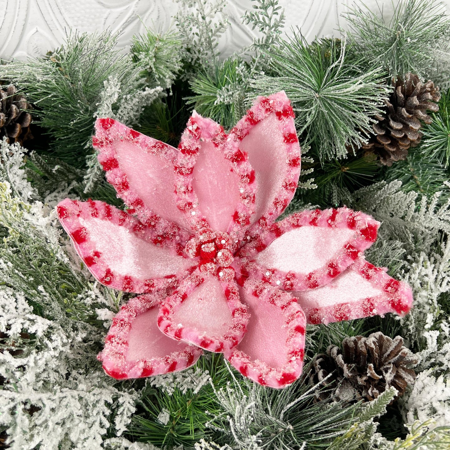 Pink and Red Glitter Poinsettia Stem, 22" Pink Poinsettia Stem, Christmas Decor, Wreath Decor, Tree Decoration, Holiday Floral,