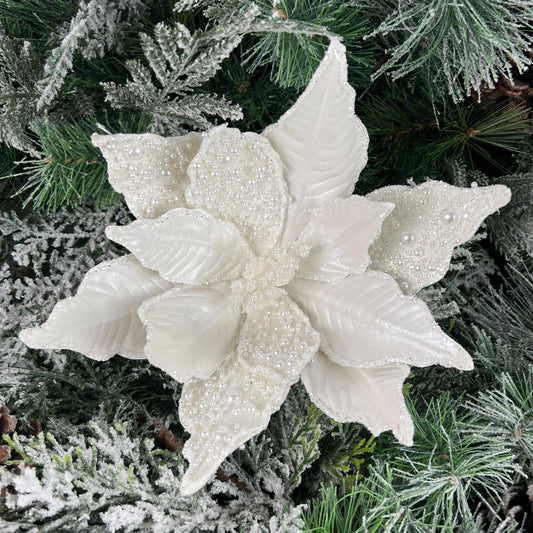 Ivory Pearl Poinsettia Stem, Beaded Holiday Floral, White Glitter Poinsettia, Christmas Flower Pick, Wedding Floral, Wreath Attachment