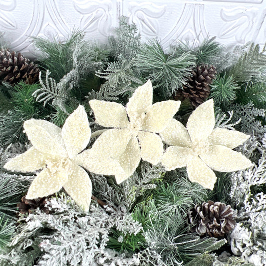 Ivory Pearl Triple Poinsettia Stem, Beaded Holiday Floral, White Glitter Poinsettia, Christmas Floral, Wedding Floral, Wreath Attachment