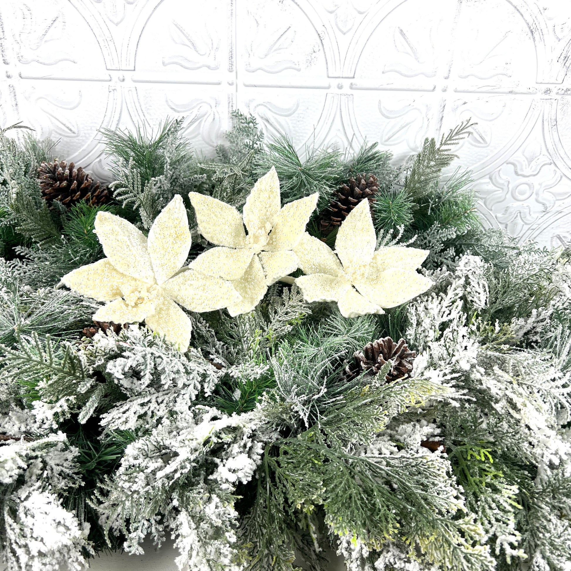 Ivory Pearl Triple Poinsettia Stem, Beaded Holiday Floral, White Glitter Poinsettia, Christmas Floral, Wedding Floral, Wreath Attachment