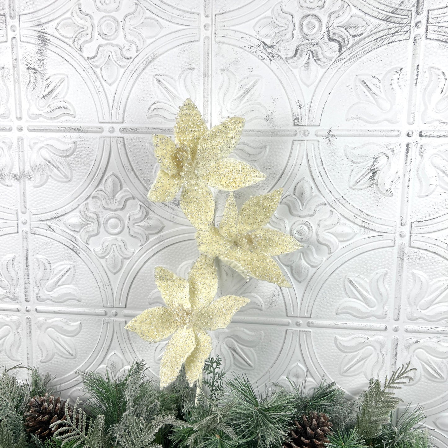 Ivory Pearl Triple Poinsettia Stem, Beaded Holiday Floral, White Glitter Poinsettia, Christmas Floral, Wedding Floral, Wreath Attachment