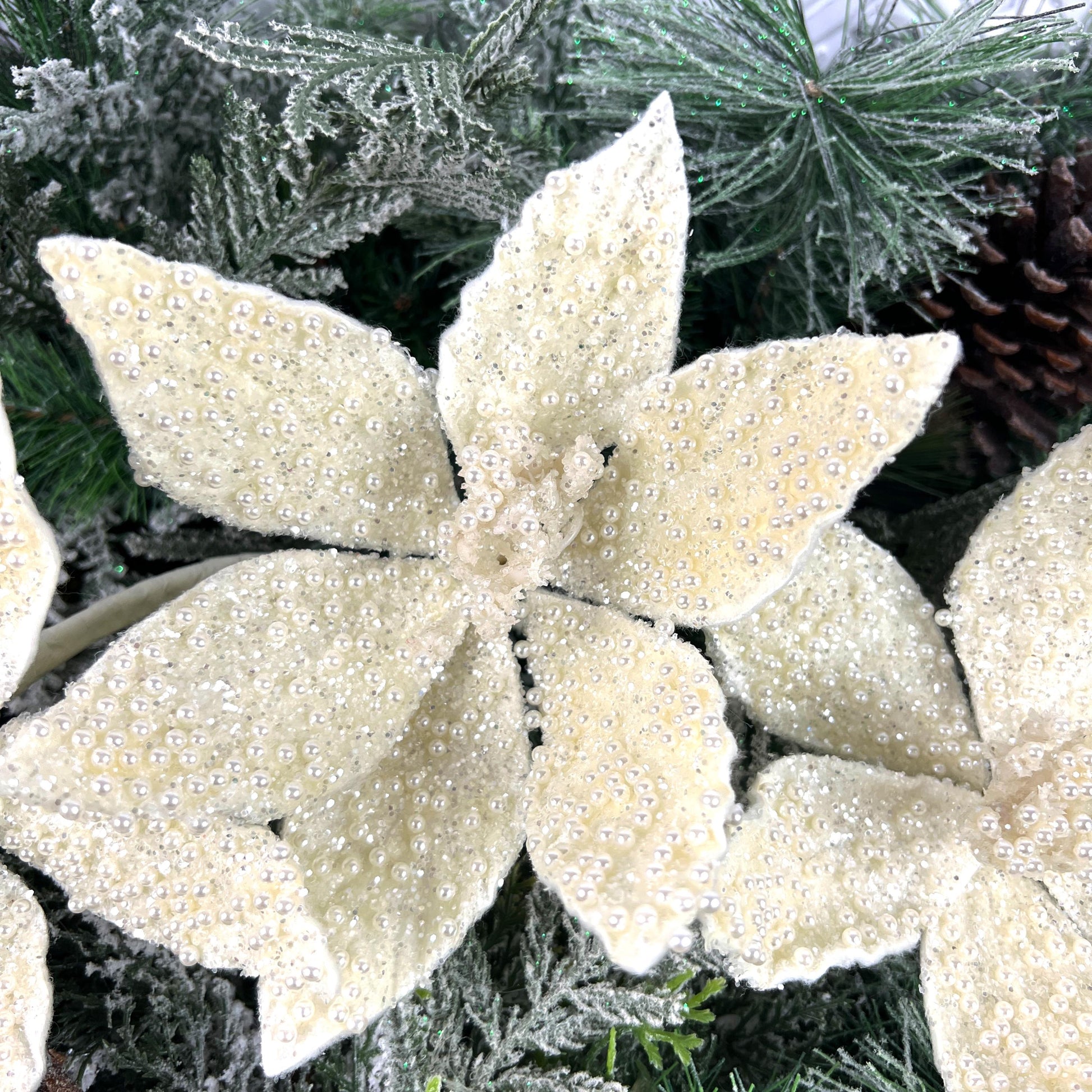Ivory Pearl Triple Poinsettia Stem, Beaded Holiday Floral, White Glitter Poinsettia, Christmas Floral, Wedding Floral, Wreath Attachment
